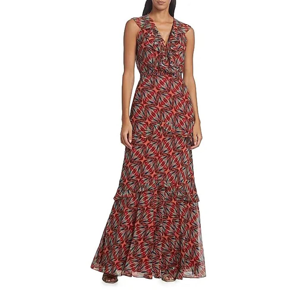 NWT Saloni Rita Printed Silk Ruffle Maxi Dress Size 2 Topaz #1B604